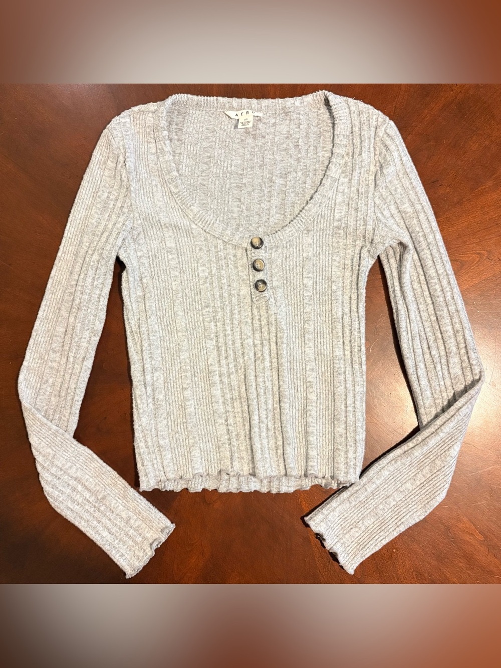 Aeropostale Aero Crop Gray Buttoned Ribbed X Small Long Sleeve Henley Top